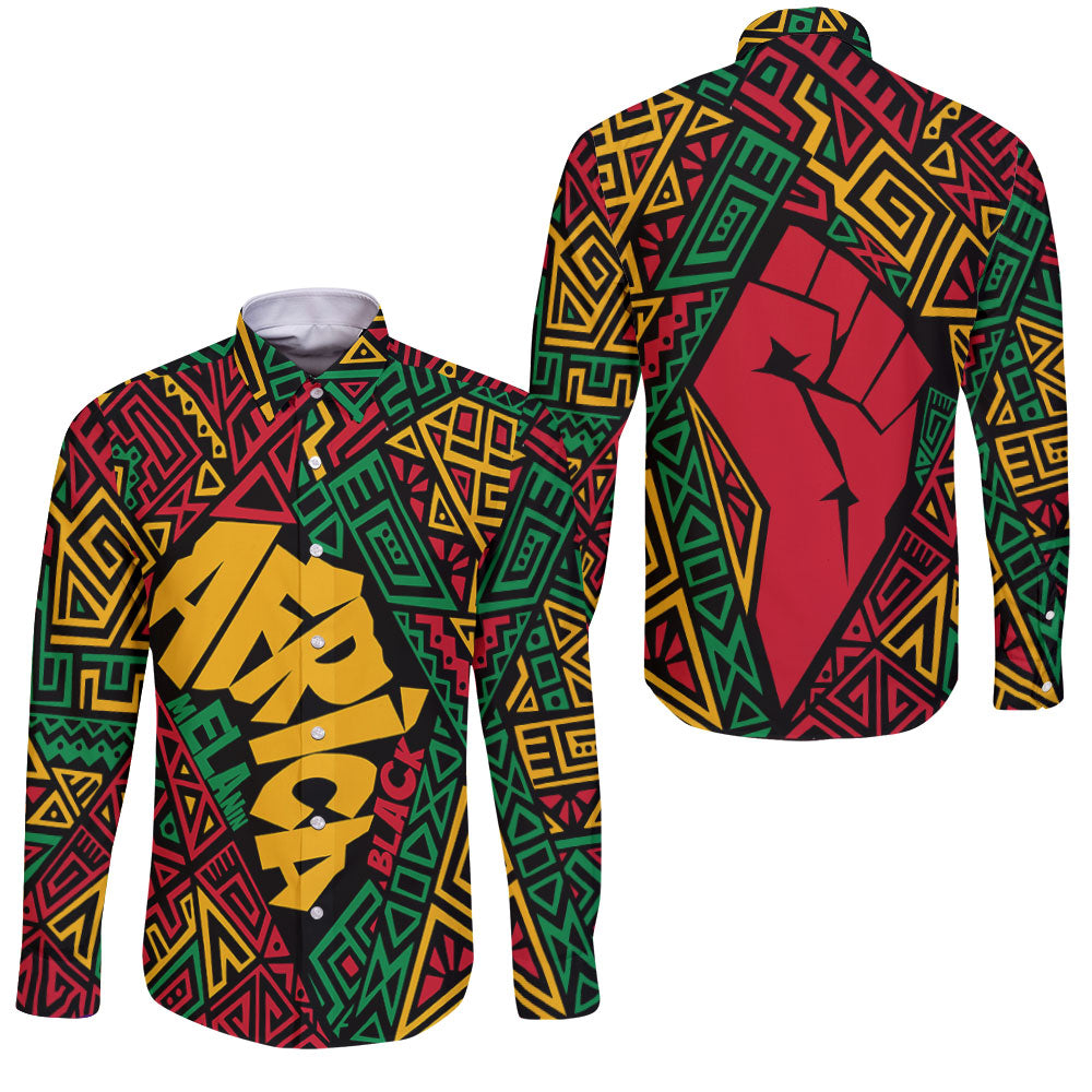 Black History Long Sleeve Button Shirt, Africa Black Power Pattern Long Sleeve Button Shirt
