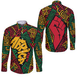 Black History Long Sleeve Button Shirt, Africa Black Power Pattern Long Sleeve Button Shirt