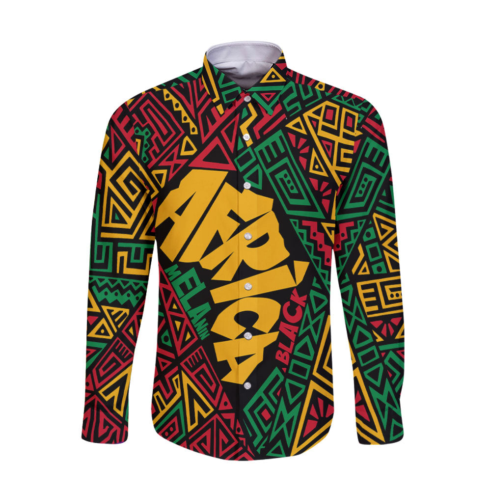 Black History Long Sleeve Button Shirt, Africa Black Power Pattern Long Sleeve Button Shirt