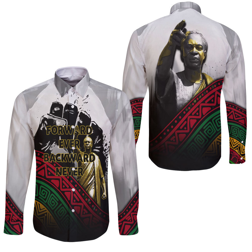 Black History Long Sleeve Button Shirt, Forward Ever Backward Never African Pride Long Sleeve Button Shirt