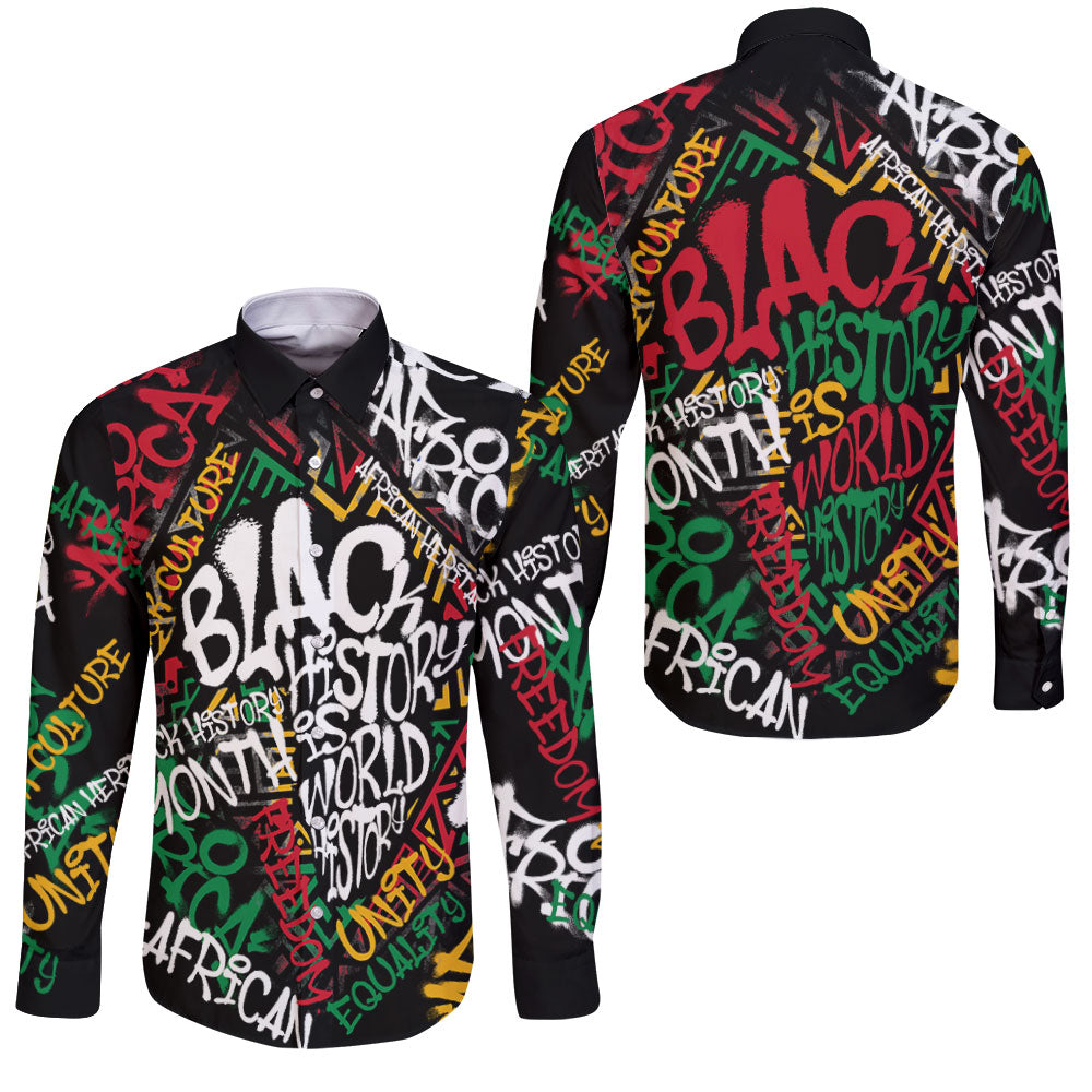 Black History Long Sleeve Button Shirt, Graffiti Pan African Pride Long Sleeve Button Shirt