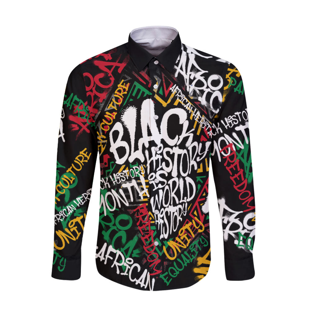 Black History Long Sleeve Button Shirt, Graffiti Pan African Pride Long Sleeve Button Shirt
