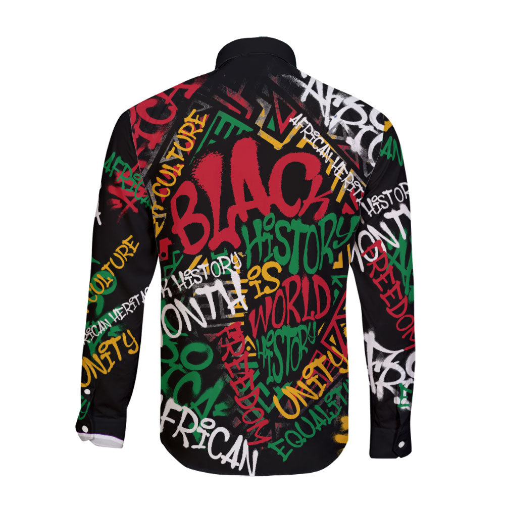 Black History Long Sleeve Button Shirt, Graffiti Pan African Pride Long Sleeve Button Shirt