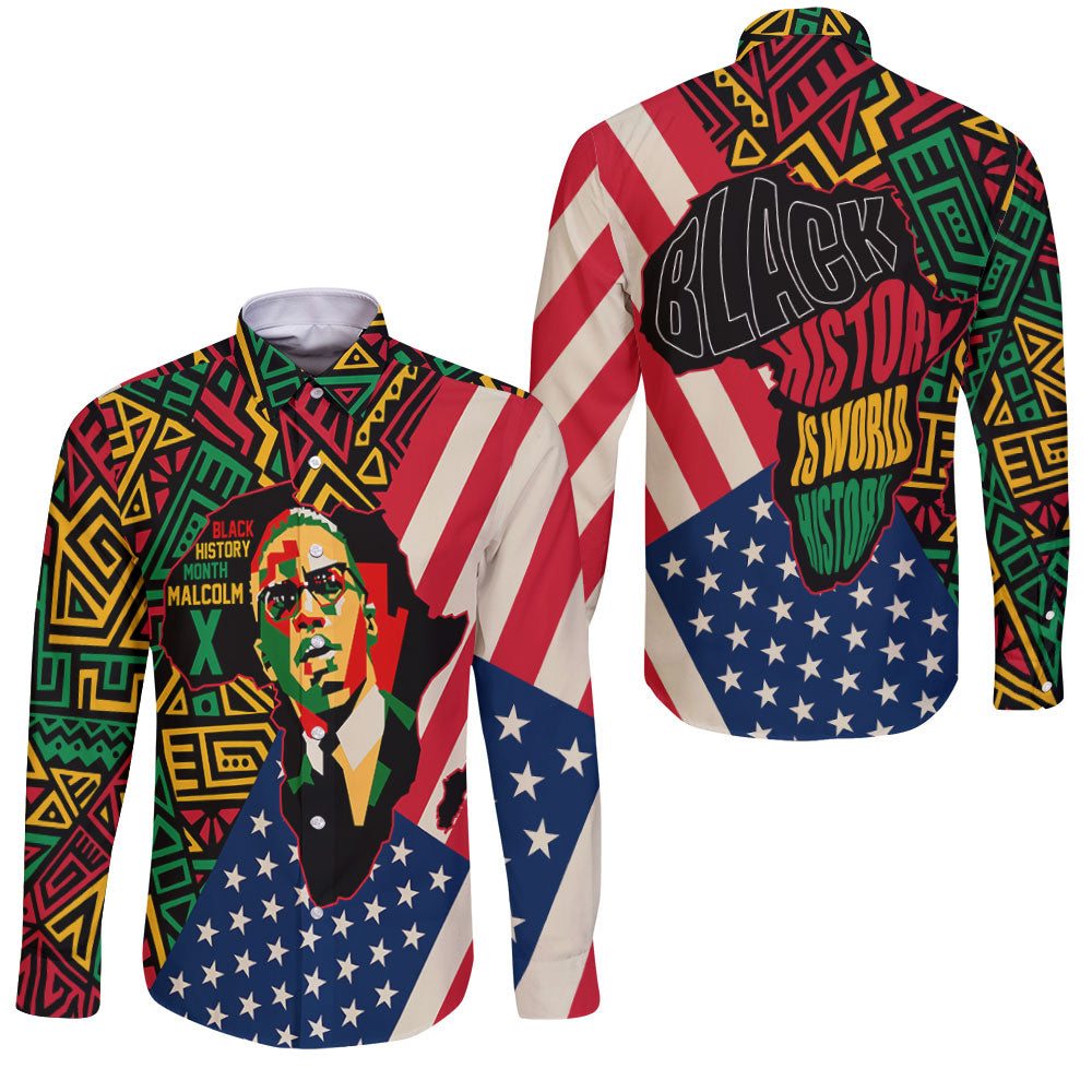 Black History Long Sleeve Button Shirt, Malcolm X Pan-African Long Sleeve Button Shirt