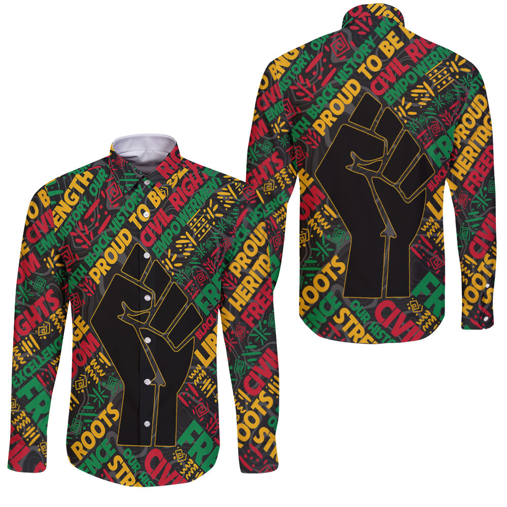 Black History Long Sleeve Button Shirt, Raised Fist Freedom & Civil Rights Tribute Long Sleeve Button Shirt