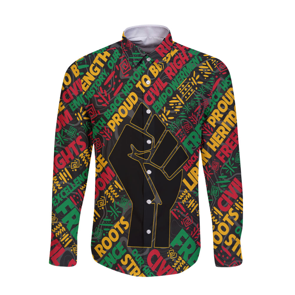 Black History Long Sleeve Button Shirt, Raised Fist Freedom & Civil Rights Tribute Long Sleeve Button Shirt