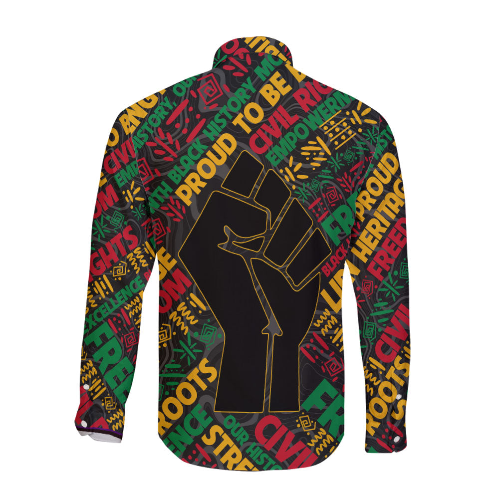 Black History Long Sleeve Button Shirt, Raised Fist Freedom & Civil Rights Tribute Long Sleeve Button Shirt