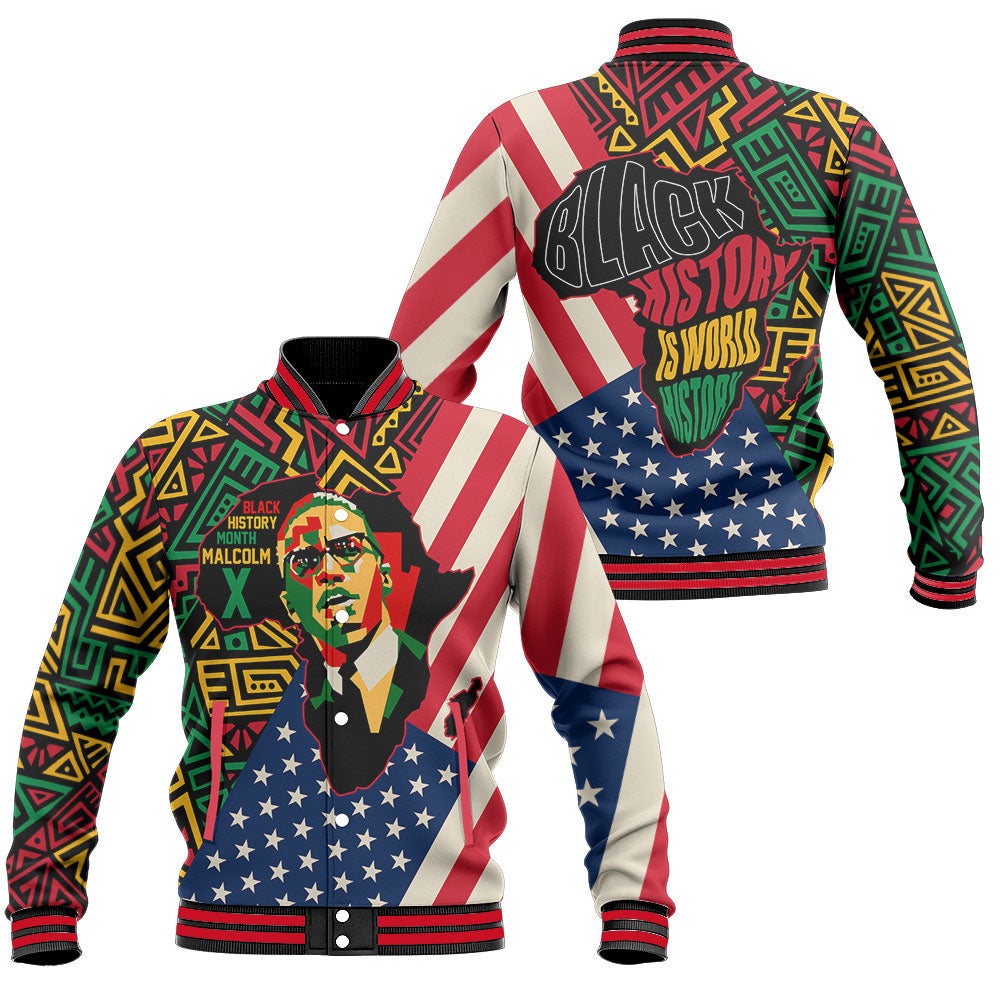 Black History Short Baseball Jacket, Malcolm X Pan-African Baseball Jacket