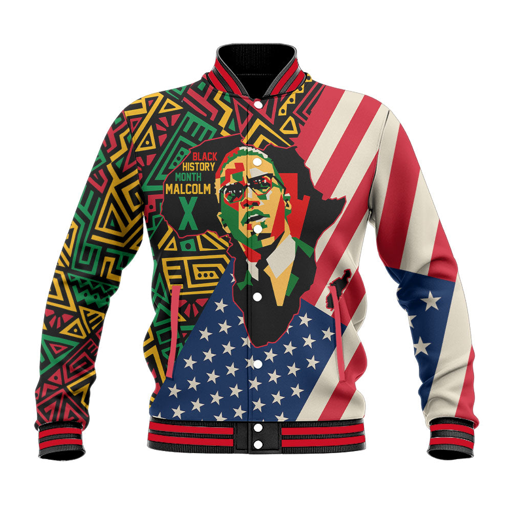Black History Short Baseball Jacket, Malcolm X Pan-African Baseball Jacket