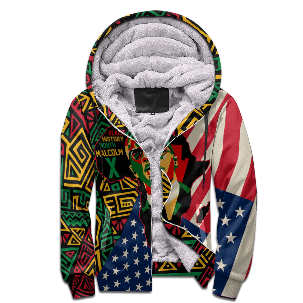 Black History Short Sherpa Hoodie, Malcolm X Pan-African Sherpa Hoodie