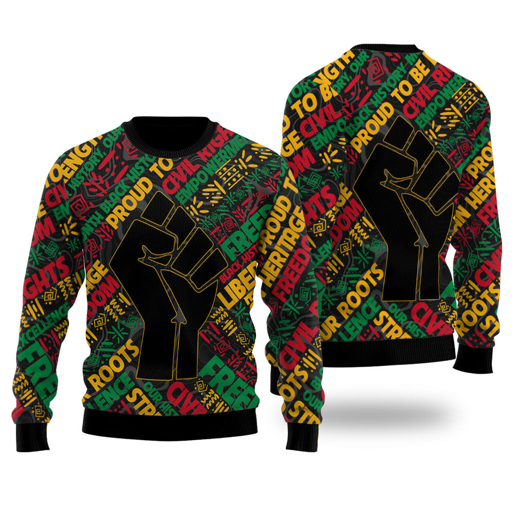 Black History Ugly Sweater, Raised Fist Freedom & Civil Rights Tribute Ugly Sweater