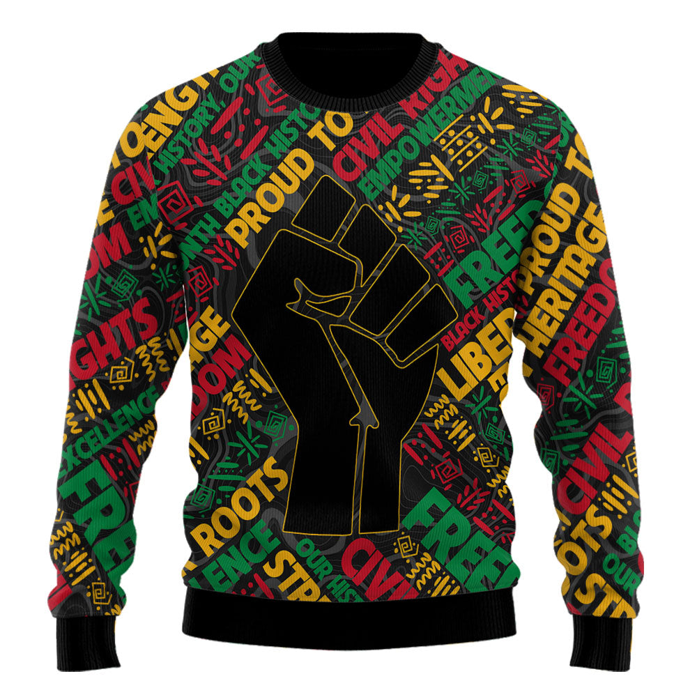 Black History Ugly Sweater, Raised Fist Freedom & Civil Rights Tribute Ugly Sweater